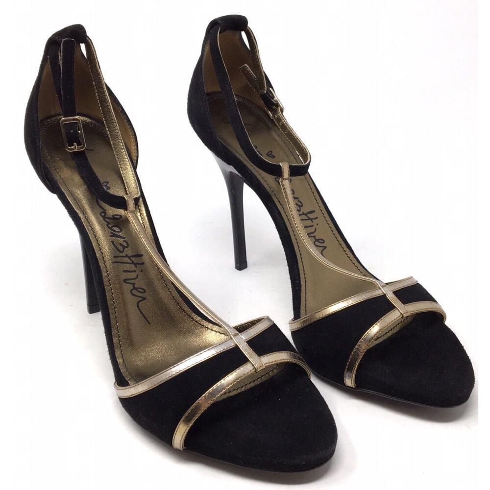 Lanvin Paris Women's Size 10/41 Black Suede Metallic Gold Leather T-Strap Heels - Picture 2 of 7